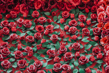 Many bright red artificial roses and green leaves. Natural background.