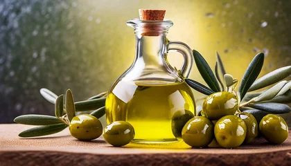 Fototapeten olive oil set glass bottle of olive oil with olives a drop of olive oil close up on a background ki © Irene