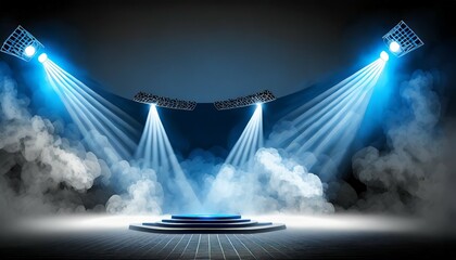 illuminated stage with scenic lights and smoke blue vector spotlight with smoke volume light effect...