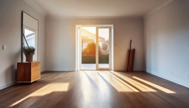 a rendered image showcasing an unoccupied living room adorned with sunlight streaming through a sliding door showcasing a wooden floor and pristine white walls perfect for renovation new house
