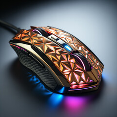 A gaming mouse with vibrant RGB lighting, the textured surface and customizable buttons suggest a high level of precision.