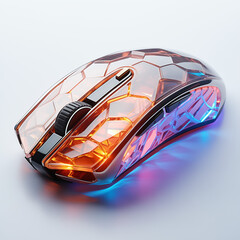 A gaming mouse with vibrant RGB lighting, the textured surface and customizable buttons suggest a high level of precision.