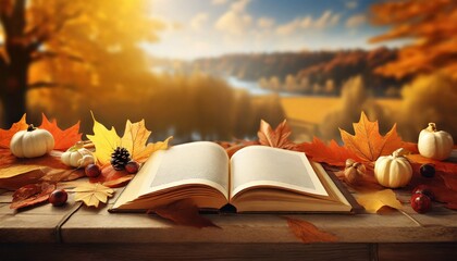 autumn scene an open book on a table good morning in the background ai generative