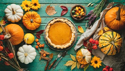 autumn thanksgiving moody background with pumpkin pie different pumpkins fall fruit and flowers on...