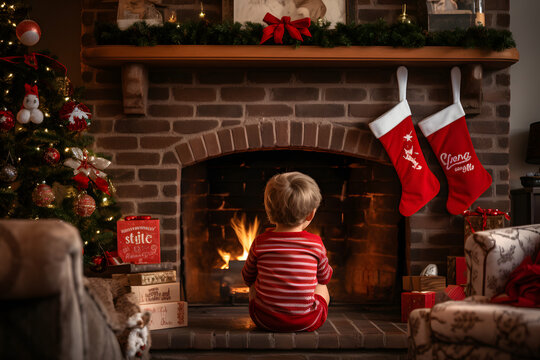 chils waiting in front of the fireplace  