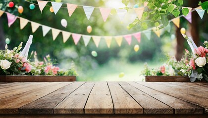 empty wooden table with party in garden background blurred