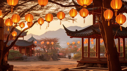 A row of Chinese lanterns light up at sunset.