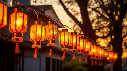 A row of Chinese lanterns light up at sunset.