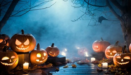 foggy night with launched pumpkins halloween background - obrazy, fototapety, plakaty