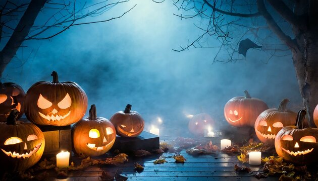 foggy night with launched pumpkins halloween background