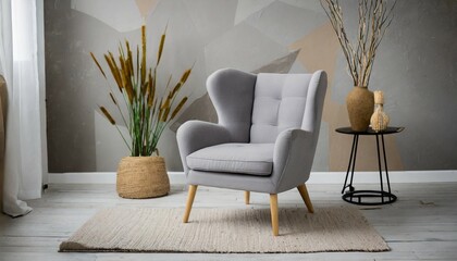 gray scandinavian armchair on background furniture elements for interior design