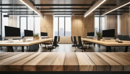 Fototapeta na wymiar blank tabletop made of wooden planks with light contemporary furnished office on background mockup