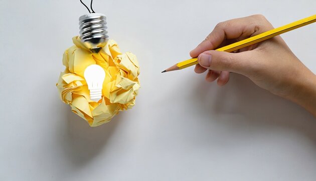 creative thinking ideas and innovation concept paper scrap ball yellow colour with light bulb symbol on white background and hand holding yellow pencil