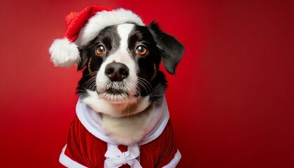 adorable wallpaper or background of young funny looking dog dressed up as santa in christmas card photo shoot on red background space for text