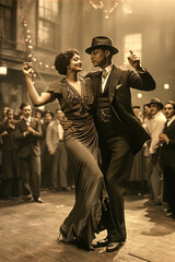 Elegant an in a Suit and a Beautiful Woman in a Ball Gown dancing like in the 60s Wallpaper Music Background Digital Art Cover Poster