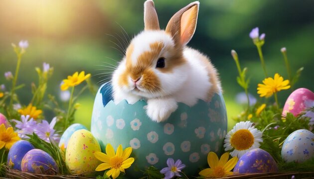 cute baby rabbit as easter bunny sitting in easter egg as easter background wallpaper design generative ai