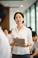 Mature korean business woman financial manager using digital tablet working in office. professional businesswoman executive holding tab technology device standing at work. generative AI