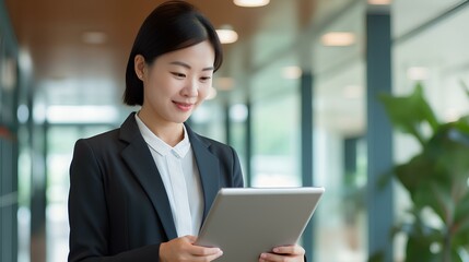 korean business woman financial manager using digital tablet working in office. professional businesswoman executive holding tab technology device standing at work. generative AI
