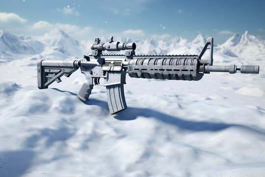 3d render of a machine gun in the snow with mountains in the background, Ai Generated