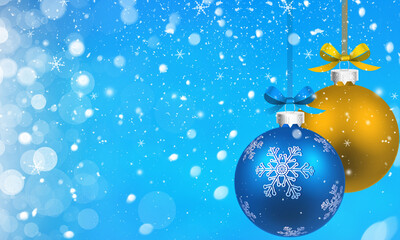 Fototapeta na wymiar Christmas background with yellow and blue baubles and snowflakes.