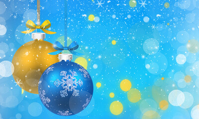 Christmas background with yellow and blue baubles and snowflakes.
