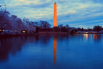 WASHINGTON, DC -25 MAR 2022- View of the Washington Monument obelisk by the Tidal Basin during the...