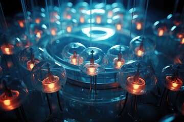 A bunch of candles inside of a glass container. Generative AI. - Powered by Adobe