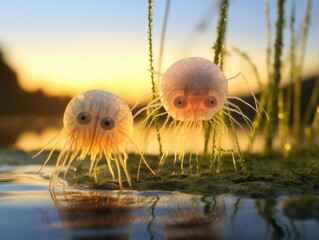 A couple of jellyfishs sitting on top of a body of water. Generative AI.