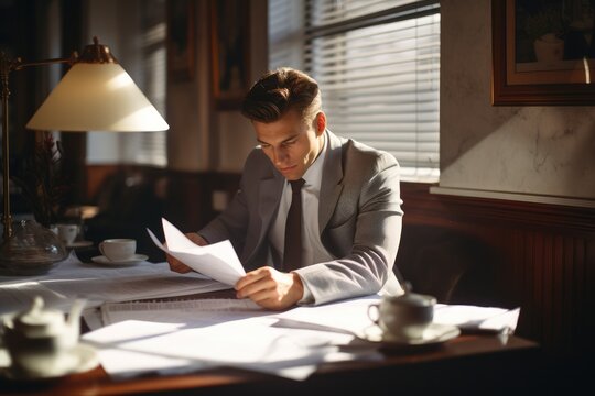 A man sitting at a desk reading a paper. Generative AI.