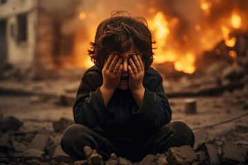 a little boy is crying covering his face with his hands against the backdrop of a war explosion - obrazy, fototapety, plakaty