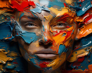 Abstract composite portrait, artist’s face merging with a canvas of their own colorful brushstrokes