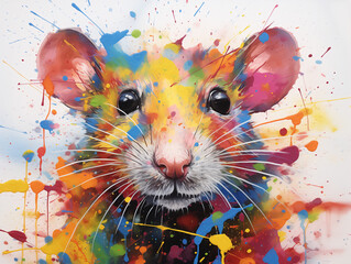 A Vibrant Print of a Rat Made of Brightly Colored Paint Splatters