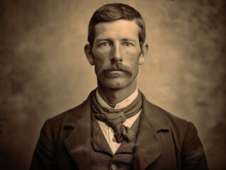 Fototapeta premium Antique tintype portrait of a stoic gentleman, 19th-century attire with a high collar, weathered face, slight sepia tone, detailed textures