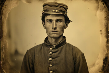 Civil War era tintype portrait, soldier in Union uniform, kepi cap, earnest expression, aged patina effect, authentic civil war replica attire - obrazy, fototapety, plakaty