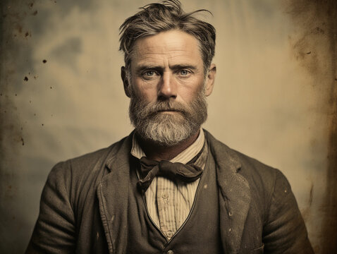 Antique tintype portrait of a stoic gentleman, 19th-century attire with a high collar, weathered face, slight sepia tone, detailed textures