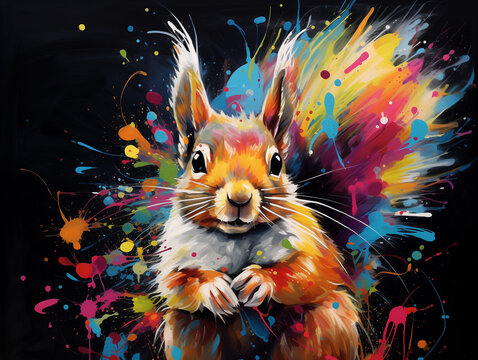 A Vibrant Print of a Squirrel Made of Brightly Colored Paint Splatters