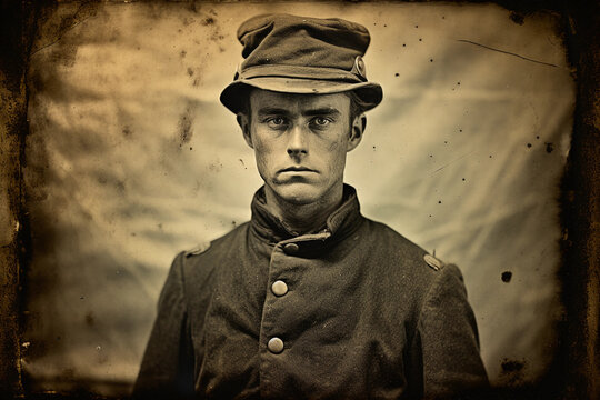 Civil War era tintype portrait, soldier in Union uniform, kepi cap, earnest expression, aged patina effect, authentic civil war replica attire