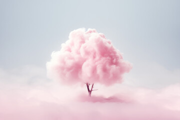Pink cloud tree on a pastel brue background.Minimal creative nature enviroment concept.