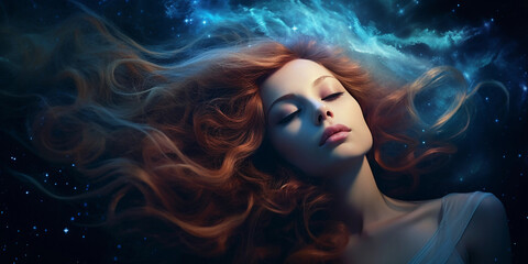 Ethereal composite portrait, half of a woman’s face blended with a starry night sky, galaxies and nebulae in her hair