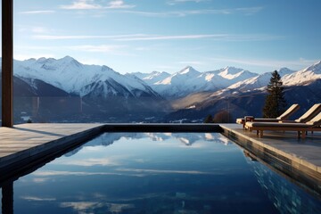 Pool overlooking snowy mountains