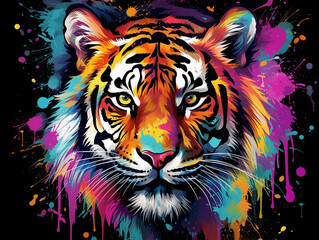 A Vibrant Print of a Tiger Made of Brightly Colored Paint Splatters
