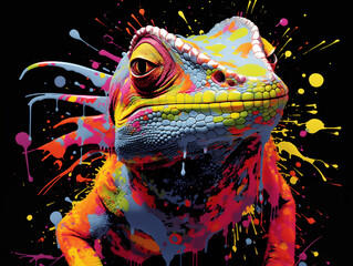 A Vibrant Print of a Lizard Made of Brightly Colored Paint Splatters