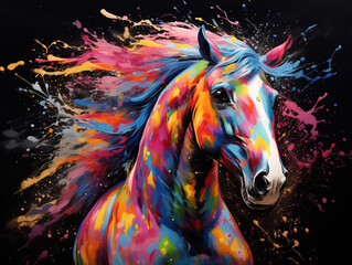 A Vibrant Print of a Horse Made of Brightly Colored Paint Splatters