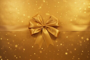 Golden gift bow on a gold background with stars and bokeh, Ai Generated