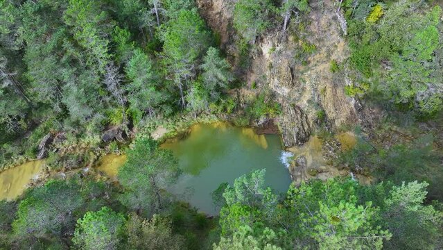 Landscape of forest and river in the Barranco de Gab&aacute;s. Aerial view from a drone. Hoya region of Huesca. Jaca Salt Flats. Huesca. Aragon. Spain. Europe