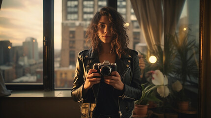 Urban chic mirror selfie, stylish young woman in a high-rise apartment, cityscape reflection, wearing a leather jacket - obrazy, fototapety, plakaty
