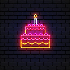 Cake neon icon in 3d style on light background.