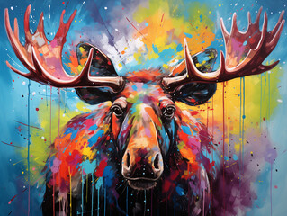 A Vibrant Print of a Moose Made of Brightly Colored Paint Splatters