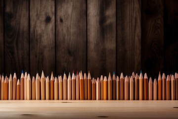 Row of wooden pencils on a wooden table with copy space, Ai Generated
