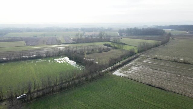 Drone footage of flooded agricultural fields in Ub, Serbia in cloudy day